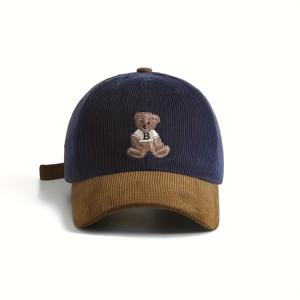 TEMU 1pc 남녀 공용 코듀로이 야구 모자, 자수 곰, 이중톤 패치워크 디자인, 태양 보호, 맞춤 버클 클로저, 손세탁 전용, 직조 직물, 가을/겨울에 적합