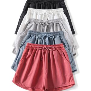 TEMU 5pcs 여성용 단색 운동 반바지 - 편안하고 통기성이 좋은, 신축성 있는 허리끈과 끈이 있는 반바지, 달리기, 체육관 및 캐주얼 착용에 완벽한 캐주얼 착용 반바지 | 다용도 반바지 | 부드러운 질감 반바지