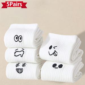 TEMU 남성용 화이트 캐릭터 패턴 양말 5켤레 - 부드럽고 통기성 좋은 발목 길이, 봄 여름 가을 트렌디한 디자인, 재미있는 기하학 패턴, 고품질 폴리에스터 소재