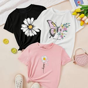 TEMU 만화 데이지와 나비 패턴 프린트 티셔츠, 여아용 3피스 세트 봄과 여름 캐주얼하고 패셔너블한 티셔츠, 스트리트웨어 여아용 편안한 의류