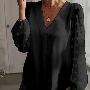 TEMU 여성용 우아한 V넥 셔츠, 폼폼 디테일, 스위스 도트 패턴, 플러스 사이즈, 긴팔, 폴리에스터 100%, 비늘, 짠 직물, 120g/m², 봄/가을 시즌용
