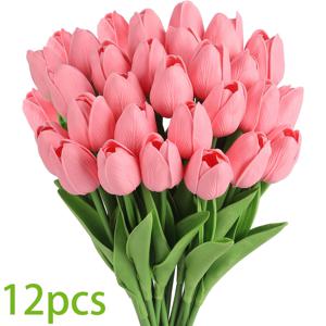 TEMU 12개 리얼 터치 인공 튤립 - 13.5인치 핑크 인조 튤립 부케, 어머니의 날, 데이, 홈 & 웨딩 장식, 꽃병 센터피스, 꽃 장식에 완벽