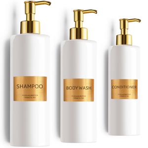 TEMU GAONLY 3pcs 샴푸 및 컨디셔너 디스펜서 세트 - 우아한 화이트 & 골드, 16.9oz, 라벨로 쉽게 리필 가능 - 샤워, 욕조, 바디 워시에 이상적 - 완벽한 크리스마스 선물, 샴푸 디스펜서|우아한 디스펜서|펌프 액션 디스펜서, 샴푸 병