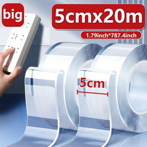 TEMU 5cm x 20m 대형 나노 양면 테이프, 업그레이드된 세척 및 재사용 가능한 투명 접착제, 천연 고무, 방수, 주방 및 욕실 사용을 위한