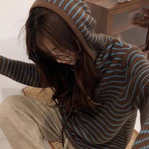 TEMU 여성용 캐주얼 아시안 스타일 루즈핏 후드 가디건 - 봄/가을 레이어링용 블루 & 브라운 스웨터, 세탁기 사용 가능
