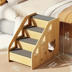 TEMU 1개 PetSafe 3단계/4단계 나무 애완동물 경사로, 탈착식 미끄럼 방지 개 및 고양이 계단, 장난감 및 미니 강아지를 위한 실내 애완동물 가구, 쉬운 조립, 소파, 침대, 자동차 및 개집 사용 가능