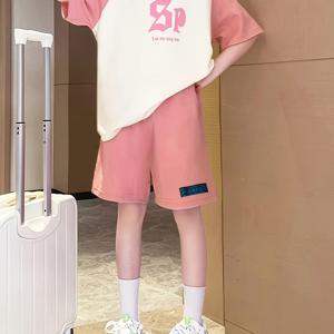 TEMU 여아용 2pcs 여름 의상 세트, 캐주얼 폴리에스터 니트 원단, 크루 넥 래글란 반팔 티셔츠, 컬러 블록 & 문자 프린트, 직선 밑단 반바지, 편안한 핏 - 아동 패션 세트, 야외용|반바지|반팔티|반팔티셔츠