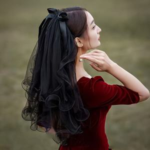 TEMU 우아한 블랙 리본 베일 - 신부 및 할로윈용 세련된 액세서리, 부드러운 양모 재질, 결혼식 및 축제 행사에 완벽한 웨딩 베일 | 우아한 헤드피스 | 부드러운 양모 재질
