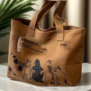 TEMU 1개 지퍼 포켓 토트백 - 귀여운 고양이 일러스트 & 골든 패턴, 내구성 강한 재사용 가능한 장바구니, 튼튼한 손잡이로 일상/출근/여행에 적합