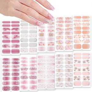 TEMU 10pcs 봄과 여름 네일 폴리시 스트립 UV 라이트 필요 없음, 핑크 화이트 꽃 나비 패턴, 풀 랩 자체 접착 네일 폴리시 스티커, 홈 DIY 네일 폴리시 스티커와 네일 파일, 여성과 소녀를 위한 풀 커버 네일 스티커