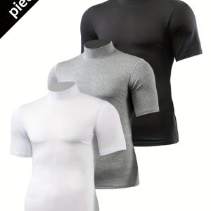 TEMU 3pcs 남성용 블랙 반팔 티셔츠 세트 - 신축성, 피부에 맞는, 하이넥 캐주얼 탑, 피트니스, 러닝 및 일상적인 착용, 일상적인 편안한 의류 | 피부에 맞는 탑 | 편안한 핏|남자셔츠