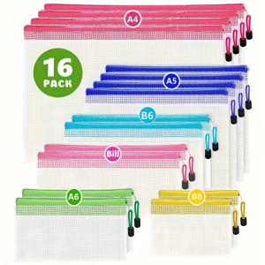 TEMU 16개 패키지 클래식 스타일 PVC 메쉬 지퍼 백, 6가지 크기, 방수 투명 파일 포켓, 정리하기 위한 다목적 여행 지퍼 백, 학교, 사무실, 가정용 보관용품, 다양한 색상