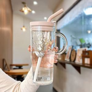 TEMU 1000ml/33.83oz 보로실리케이트 유리 자동차 컵, 실리콘 빨대가 달린 뚜껑이 있는, 얼음 커피, 주스, 우유, 차가운 음료에 완벽합니다.