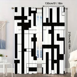 TEMU 2pcs 현대적인 블랙 앤 화이트 사각 커튼, 100% 폴리에스터, 조명 필터링, 기계 세탁 가능, 바구니 포켓, 침실 및 다양한 방, 예술 테마, 니트 위브, 100gsm