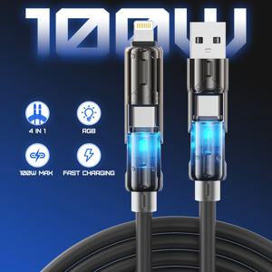 TEMU BINBOOM 4 in 1 100W MAX 고속 충전 케이블, PVC 원형 매트 USB A to USB C & 라이트닝, 남성 to 남성, 50-80W 전원 범위, iPhone, iPad, Samsung, MacBook용