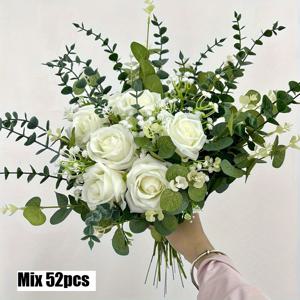 TEMU 52개 아름다운 화이트 , 유칼립투스와 핀쿠션 꽃으로, 실리스트 크림 화이트 로즈, 방, 집, 침실, 결혼식, 사무실, 카페 장식, DIY, , 생일, 어머니의 날, 크리스마스 - 플라스틱, 배터리 필요 없음, 추수감사절 기념일