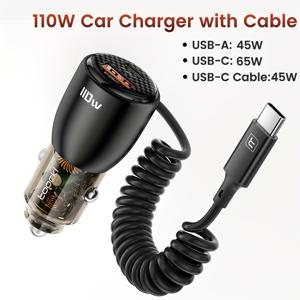 TEMU 1개 Toocki 110W USB Type-C 차량용 충전기, QC 4.0 PD 3.0 고속 충전, 아이폰 샤오미용 유연한 케이블, 차량용 플러그 전원 모드, ≤36V 작동 전압, 배터리 미포함 - 블랙|C타입충전기