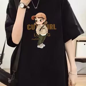 TEMU 여성용 한국 스타일 반팔 티셔츠 - 애니메이션 그래픽 프린트 루즈핏 롱라인 탑, 블랙 여름 캐주얼 우아한 라운드넥 티셔츠 레이어링 & 캐주얼 착용, 재미있는 디자인, 편안한 원단, 내구성 있는 캐주얼웨어, 릴렉스드 핏, 부드러운 질감, 스타일리시 블라우스