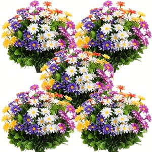 TEMU 야외용 인조 플라스틱 꽃 장식 다이시 부케 5개 세트, UV 차단 인조 식물 덤불, 홈, 호텔, 사무실, 웨딩, 파티, 가족 정원, 현관, 창문 프레임 장식용