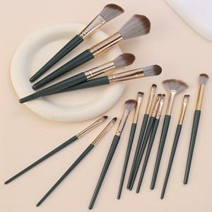 TEMU 14pcs 프로페셔널 메이크업 브러시 세트, 녹색, 부드럽고, 하이퍼센스티브, 나일론 브리스틀, ABS 플라스틱 로드, 팔 브러시, 바탕화, 아이 섀도우, 정상 피부용