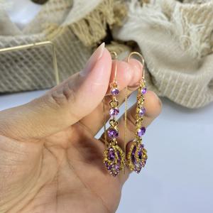 TEMU 보라색 라인스톤 잎과 투명한 보석으로 장식된 우아한 빈티지 스타일의 긴 귀걸이, 파티와 정장 행사용으로 적합한 가벼운 고급 합금 귀걸이, 저녁용 보석 | 귀걸이 | 합금 구조