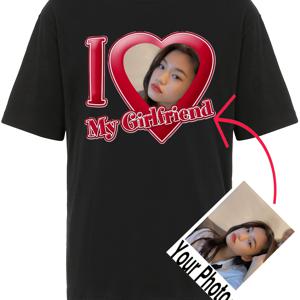 TEMU 맞춤형 '여자친구를 사랑해' 커플 티셔츠 - 개인화된 아바타 디자인, 블랙과 레드 하트 그래픽, 폴리에스터 혼방, 세탁기 사용 가능, 사계절 내내 완벽함