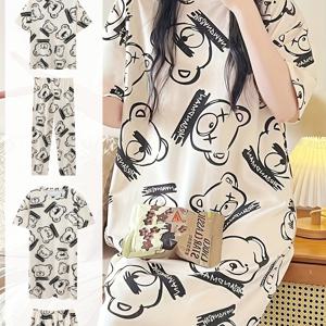 TEMU 4pcs 여성 파자마 세트 - 귀여운 만화 곰 프린트, 반팔 상의 & 반바지 & 스커트 & 바지, 경량 폴리에스터, 캐주얼 여름 & 봄 잠옷 청소년 & 성인, 파자마 세트|여름잠옷