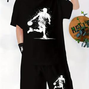 TEMU 소년 패션 정장, 청소년 여름용 통기성 폴리에스터 아웃핏 - 운동 및 캐주얼, 야외 활동에 적합한 다이내믹 쿨 농구 프린트 티셔츠와 반바지