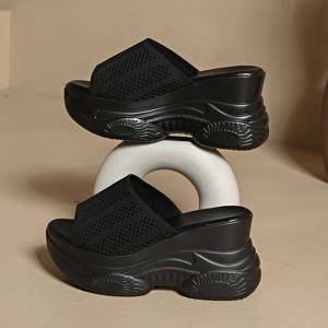 TEMU 여성용 블랙 메쉬 웨지 샌들 - 스타일리시 두꺼운 밑창 슬립온 힐, 미끄럼 방지 여름 플랫폼 신발, 패션 샌들 | 플랫폼 슈즈 | 메쉬 원단 갑피|샌들|여성샌들|여자샌들