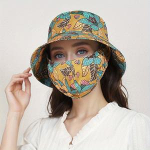 TEMU 여성용 경량 여름 어부 모자와 일체형 얼굴 마스크 - 넓은 챙, 생동감 있는 잎사귀 프린트, 통기성 좋은 야외 해변 모자, 낚시 모자, 여행 액세서리, 쉬운 관리 원단