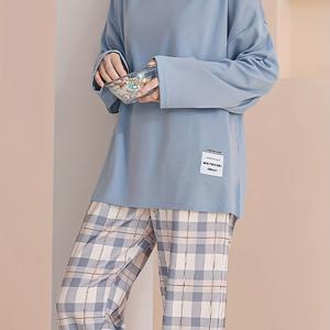 TEMU 청소년용 봄/가을 캐주얼 긴팔 파자마 세트, 편안한 홈웨어 슈트, 체크무늬 파자마 세트