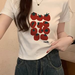 TEMU 스로이 여성용 Y2K 여름 반팔 티셔츠 - 만화 토마토 프린트 슬림핏 크롭탑, 고탄력 통기성 캐주얼 스트리트웨어 티, 귀여운 반소매 탑, 라운드 넥라인|티셔츠|반팔티셔츠|크롭티