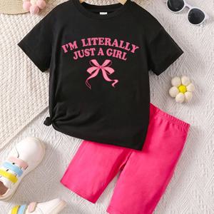 TEMU 2pcs 청소년 소녀용 리본과 슬로건 프린트 자전거 반바지 세트 여름 라운드 넥 티셔츠와 자전거 반바지 부드러운 티셔츠와 스포츠 반바지 세트 소녀용, 야외용