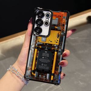TEMU 삼성 갤럭시 S25 S24 S23 S22 S21 FE 노트20 울트라 플러스 4G 5G용 창조적인 고급 개인화 서킷 보드 배터리 백 커버 디자인, 블랙 보더와 투명한 뒷면으로 드롭 보호를 제공합니다.