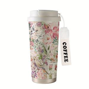 TEMU 530ml 핑크 신문 꽃과 새 패턴 절연텀블러 - 뚜껑과 빨대가 있는 휴대용 듀얼 음료 템퍼, 사무실, 여행, 데이 및 생일 선물, 스포츠 필수품, 야구, 러그비, 테니스, 스포츠 필수품 | 꽃 패턴 텀블러 | 내구성 있는 절연, 커피 텀블러|텀블러