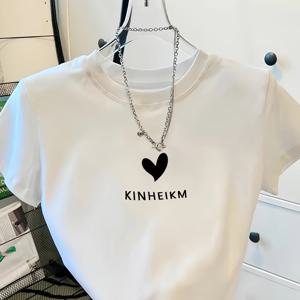 TEMU 여성용 Y2K 여름 크롭 슬림핏 티셔츠 - 스트레치 폴리에스터-스판덱스 혼방, 흰색에 검은 하트 & 키네임 프린트, 캐주얼 반팔 탑