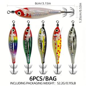 TEMU 새로운 도착 3D 미니 반사 Egi 6pcs / 세트 수평 게 바이트 오징어 오징어 유혹 빛나는 오징어 지그 후크