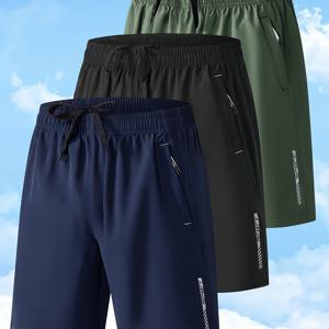 TEMU 3pcs 남성 여름 끈 캐주얼 스포츠 반바지, 지퍼 포켓 - 통기성 소재, 빠른 건조, 편안함 - 야외 활동, 달리기, 하이킹에 이상적