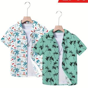 TEMU 2pcs 휴가 스타일 반팔 셔츠, 어린이 여름 폴로 탑, 초록 코코넛 나무 3D 디지털 프린트를 특징으로, 야외 레저, 낚시, 청소년용 해변 휴가에 적합, 모든 연령의 어린이를 위한 완벽한 선물 세트입니다.