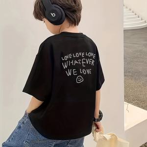 TEMU 소년용 오버사이즈 그래픽 티셔츠 - 블랙 기하학 프린트와 