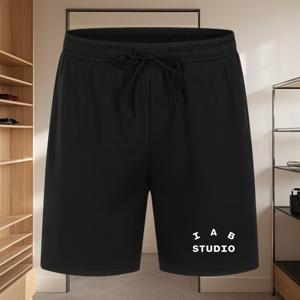 TEMU 남성용 IAB STUDIO 여름 캐주얼 반바지 - 통기성이 좋은 니트 폴리에스테르, 편안한 신축성 있는 허리끈, 신축성 있는 허리끈 반바지 | 로고 프린트 반바지 | 니트 소재 반바지