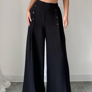 TEMU 여성용 하이웨이스트 와이드 레그 팬츠 - 우아한 블랙 폴리에스터, 단추 디테일, 세탁기 사용 가능, 가을 패션에 이상적