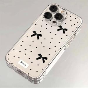 TEMU 검은색 물방울 무늬 리본 매듭 미세 구멍 Iphone16/15Promax/14/13/12/11/Xr/Xs/7/8/12Mini/13Mini/Se2/Se3 휴대폰 케이스 투명 소프트 케이스에 적합