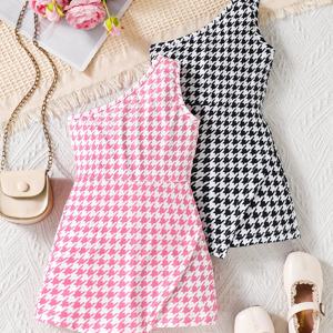 TEMU 어린 소녀용 하운드투스 프린트 비대칭 밑단 원숄더 점프수트 2pcs/세트, 야외 활동에 완벽한