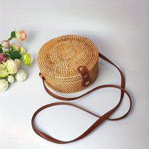 TEMU 작은 원형 밀짚 가방, 여성용 단순 캐주얼 크로스바디 백 다용도 밀짚 숄더백