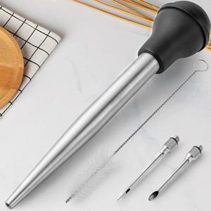 TEMU 요리를 위한 1pc 스테인리스 터키 Baster - 실리콘 흡입 전구를 가진 음식 급료 금속 터키 Baster 주사통 - 터키 Baster 큰 크기 - 2개의 분리가능한 바늘 및 청소 솔 (검은색) 10.6in*2.1in를 포함합니다