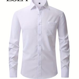 TEMU 남성용 정장용 긴팔 버튼 셔츠 - 가슴 포켓, 솔리드 그린, 폴리에스터 혼방, 클래식 칼라, 세탁기 사용 가능, 비즈니스 및 캐주얼 착용에 완벽, 봄 가을 착용 | 클래식 칼라 셔츠 | 부드러운 질감 셔츠