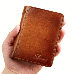 TEMU 남성용 진짜 가죽 RFID 차단 지갑 빈티지 얇은 짧은 다기능 ID 신용 카드 보관함 돈 가방 남성용 선물 크리스마스 선물|명함지갑
