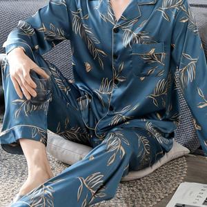 TEMU 남성용 봄/가을 긴팔 긴바지 홈웨어 남성용 여름 에어컨 옷 외출 가능 오픈 셔츠 프린트 투피스 세트