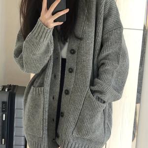 TEMU 단색 버튼 업 포켓 카디건, 캐주얼 긴 소매 카디건, 가을/겨울용, 여성 의류